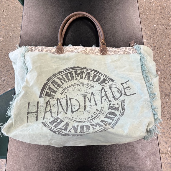 Myra Bag EUC Green Handmade  XL floral Canvas Weekender Duffel travel tote - Picture 4 of 12